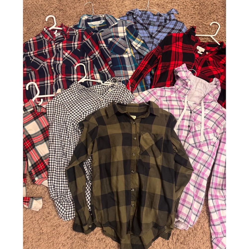 Women's Plaid Flannel Button Down Shirt Bundle Lot of 8 XS Small Gap Columbia